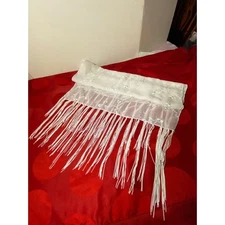Oblong Scarf Silky Fringe white on white floral design Sheer, silk-feel poly EUC