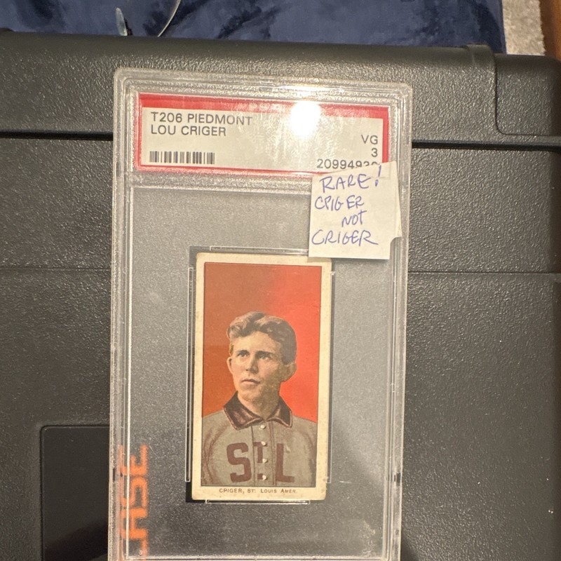 T206 Lou Criger Baseball Tobacco Card PSA 3 VG Piedmont Back—printing error RARE