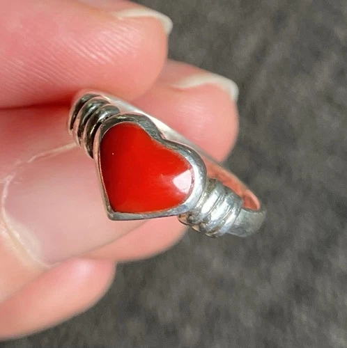 Vintage 925 Silver Red Heart Ring Size 5.5