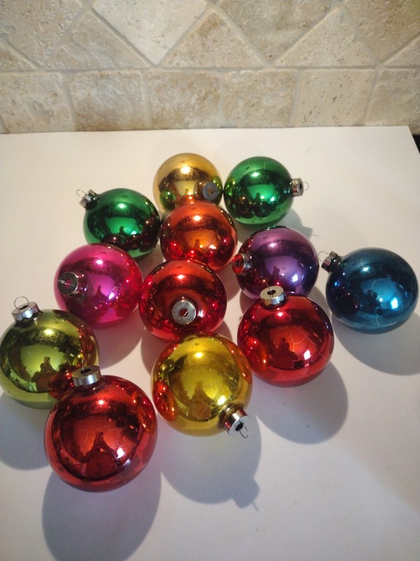  VTG Corning MARKS BROS? Glass Christmas Ornament Set Of 12 3.5" US OF A