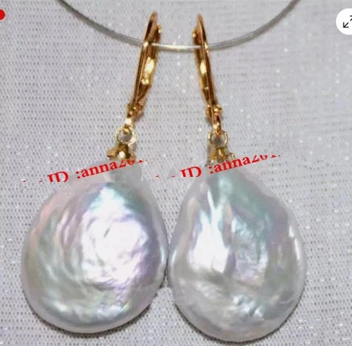 17-22mm Genuine Natural South Sea White Baroque Pearl Earrings 14K Yellow Gold - Picture 1 of 4