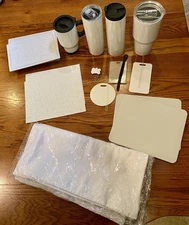 Large Lot Of 47 Sublimation Blanks Tumbler Puzzle Pillowcase Dog Tag Mouse Pad
