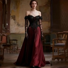 Gothic Wedding Dresses Long Sleeves Black And Burgundy A-Line Satin Vintage Gown