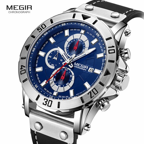 MEGIR Men's Chronograph Quartz Watches Leather Strap Army Sports Wristwatch - Picture 2 of 13