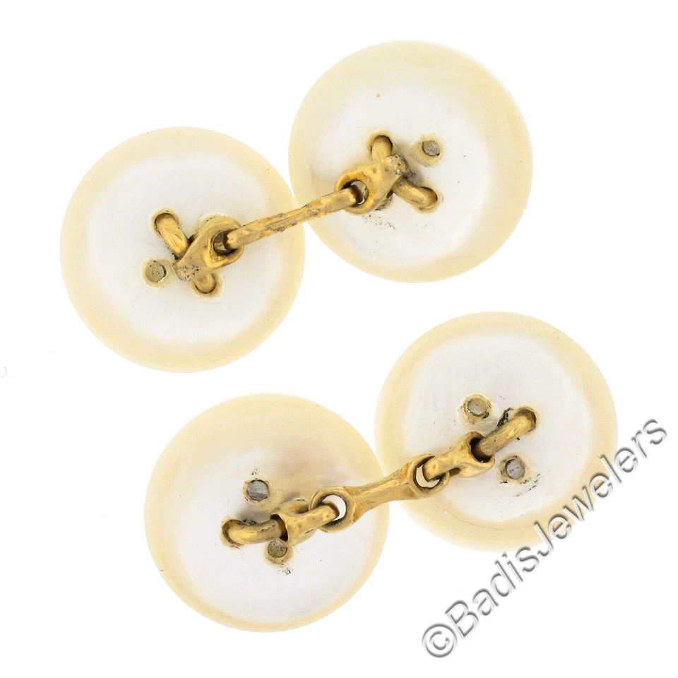 Gemelos botones redondos antiguos de madreperla blancos tallados en oro de 14k de 14,6 mm Foto 3 de 4