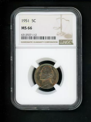 1951 US Jefferson Nickel 5c .05 NGC MS 66 UNC Golden Toning Die Crack Reverse