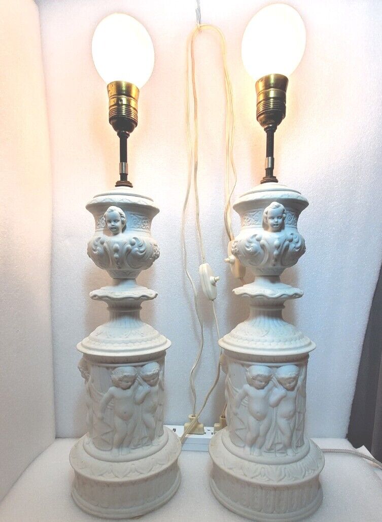 Pair of DRESDEN Bisque Porcelain Brass Cherub Cupid lamps MCM Hollywood Regency 