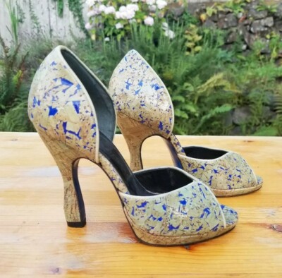 $775 Rochas Green Blue Splatter Leather D'Orsay Vintage Open Toe Heels 36/6