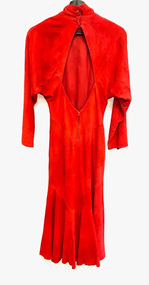 Vestido falda midi plisada espalda abierta recortada cuero gamuza rojo VAKKO 8 vintage EE. UU. Foto 2 de 4