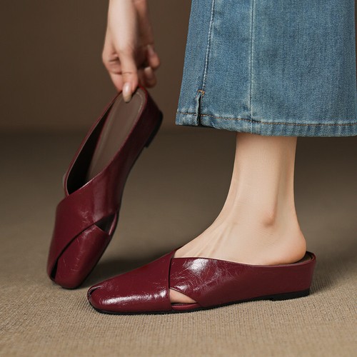 Womens Closed Toe Real Leather Slippers Sandals Mules Slingbacks Low Wedge Heels - Picture 5 of 28