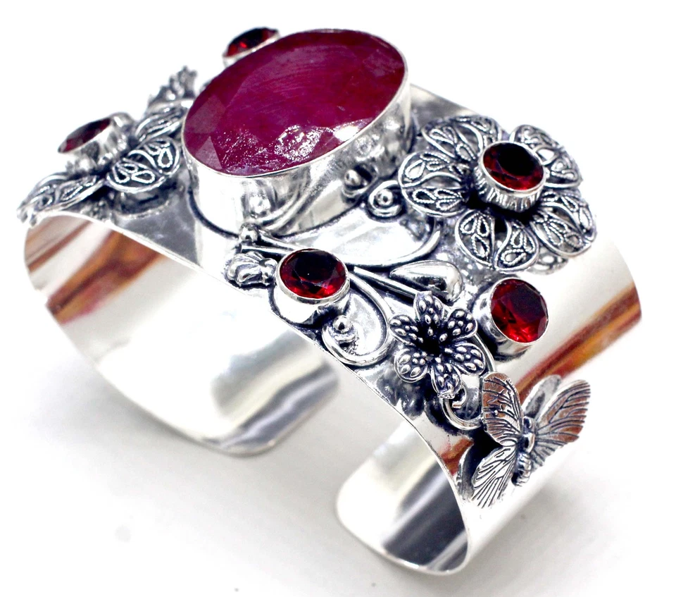 Pink Ruby&Garnet Gemstone 925 Sterling Silver Jewelry Cuff Bracelet Adjustable - Image 2 of 4