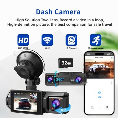 Dash Camera 2Channel 1080P HD Front and Rear Car Dash Built-In WiFi 32GB SD Card