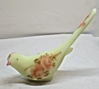 FENTON GREEN URANIUM BURMESE GLASS BIRD LONG TAIL FIGURINE ROSE HAND PAINTED