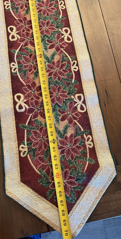 圣诞花 Poinsettia 挂毯 桌旗 流苏 红色 绿色 金色 70x13” — 第 4/4 张图片