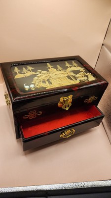 Big Chinese Lacquer Wood Carved Cork Tree King Palace Pagoda Cabinet Jewerly Box