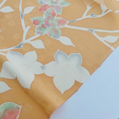 Apricot Yuzen #A 14x46 Hand Painted Vintage Japanese Jacquard Silk Fabric RW24