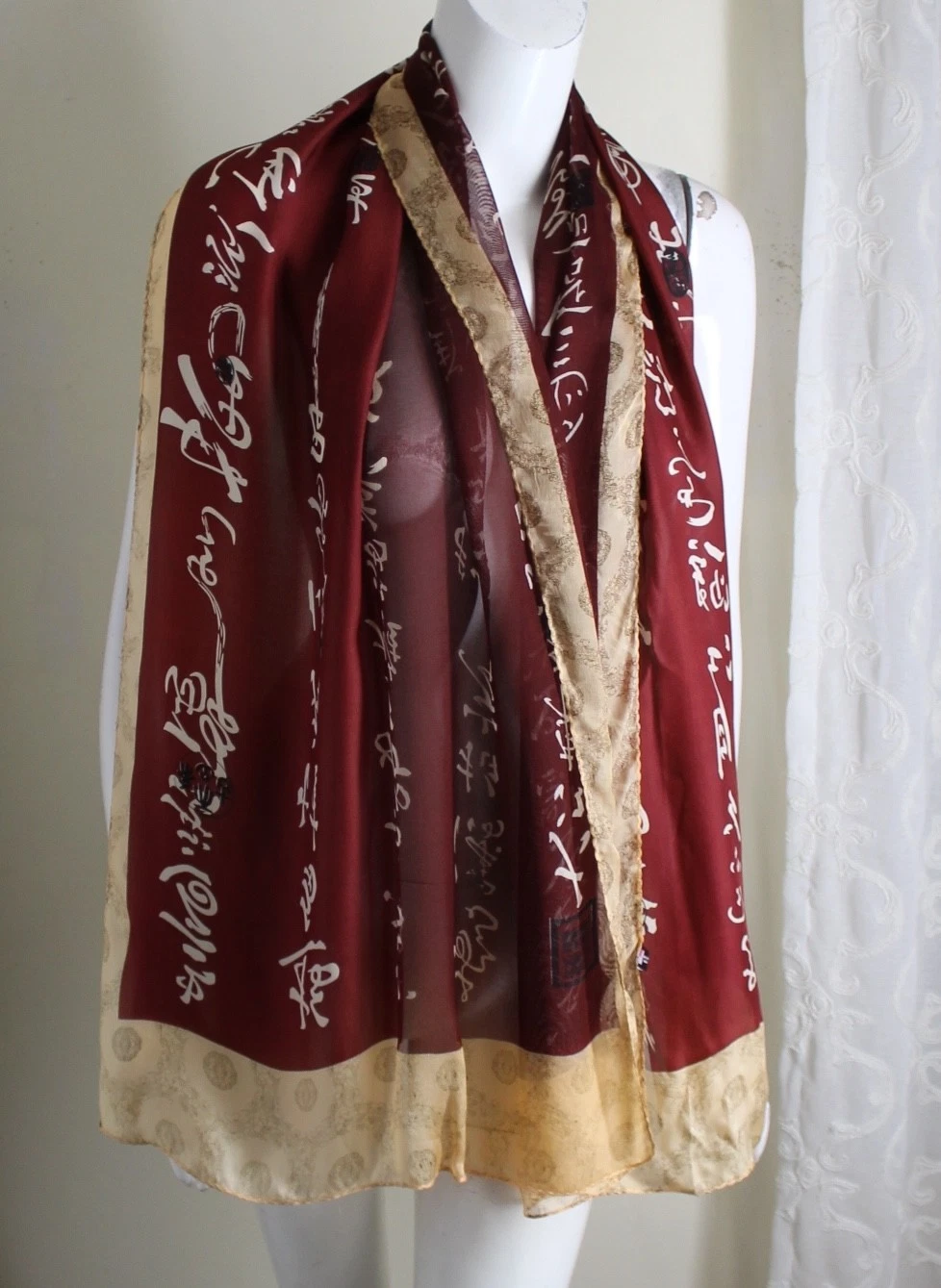 Estate from China Red Gold Fine Chiffon Scarf Wrap 67x20