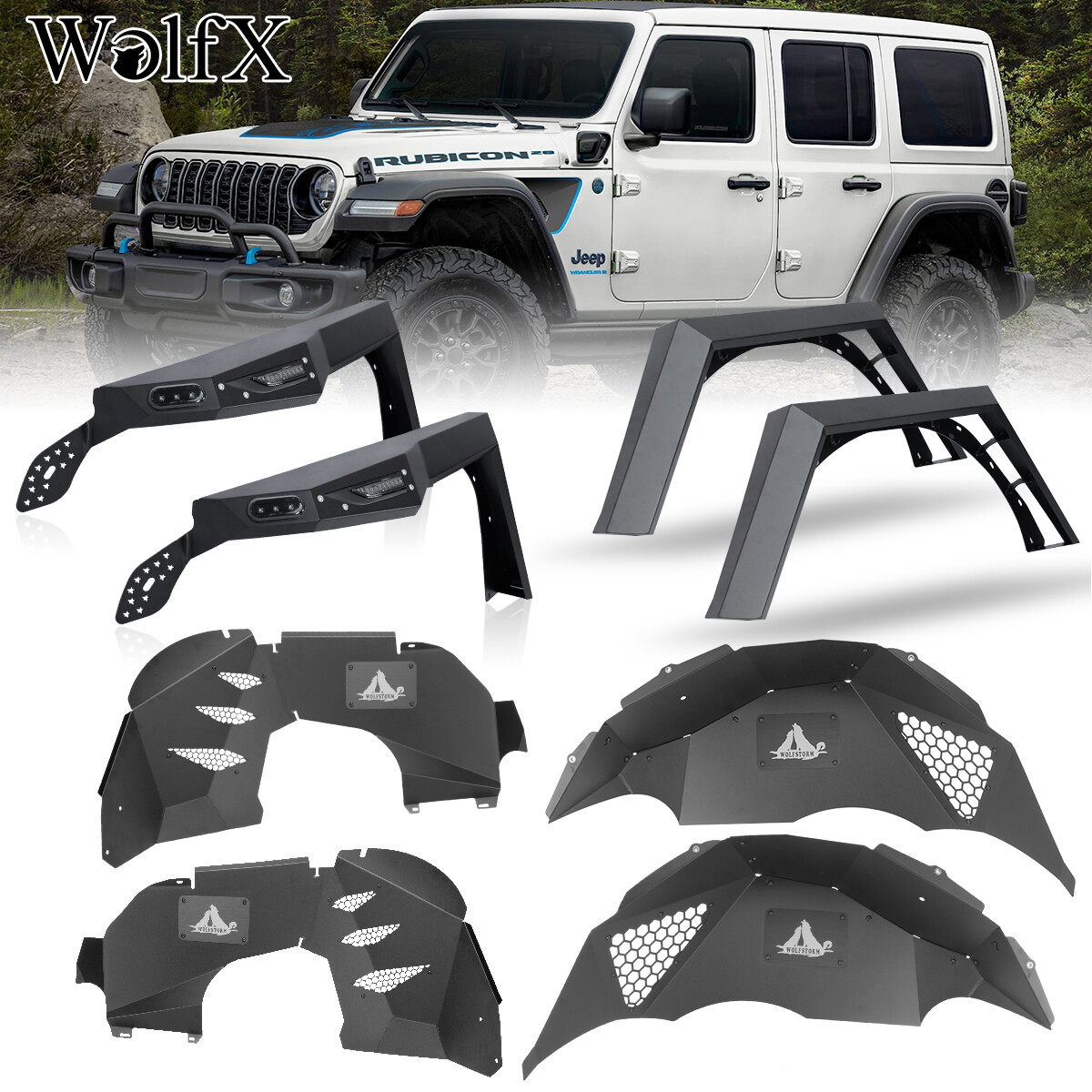 2018-2023 Jeep Wrangler JL JLU Front & Rear Steel Fender Flares with Inner Fender Liners