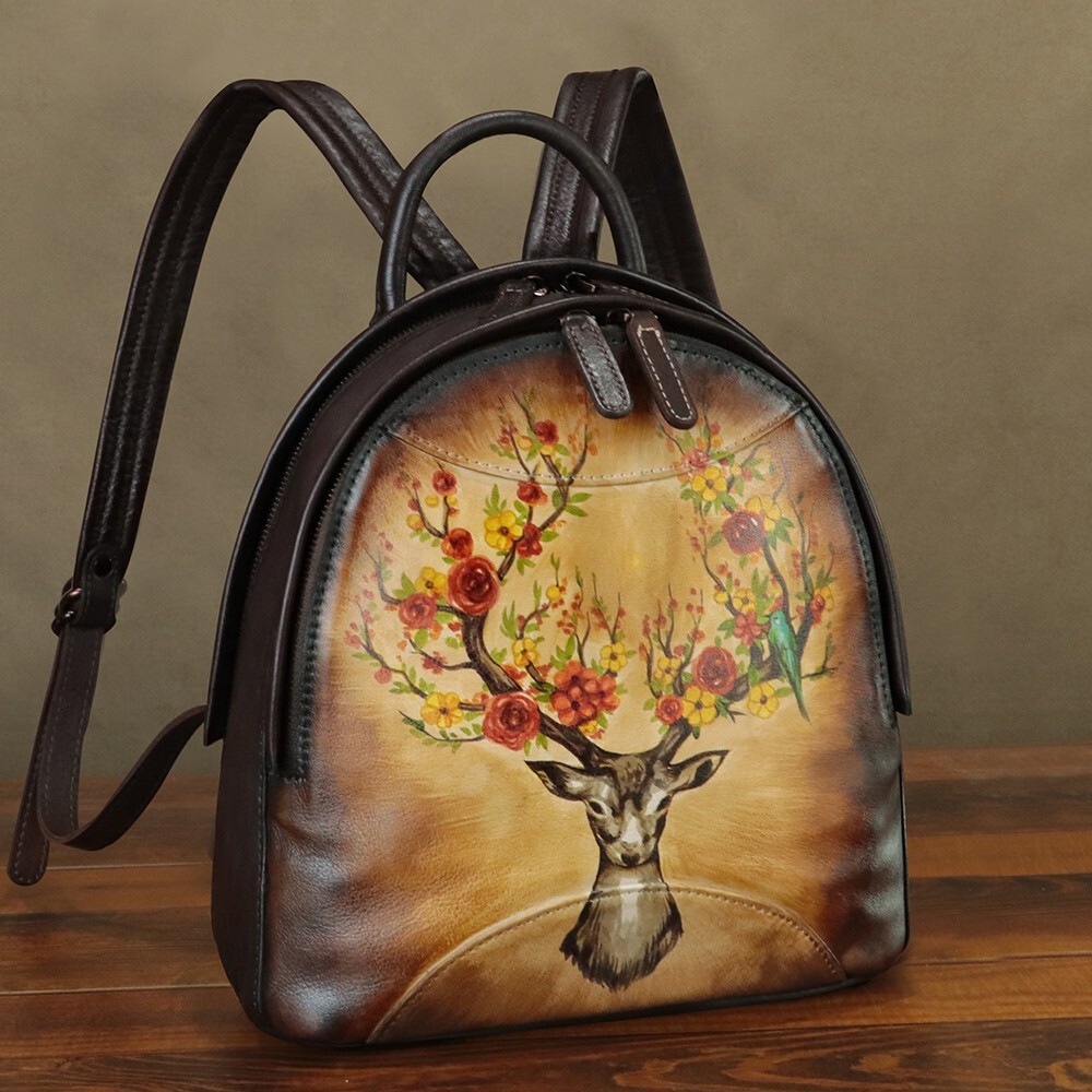 Genuine Leather Backpack for Women Hand Painted Knapsack  display picture 3