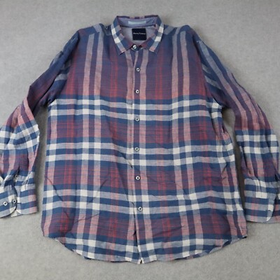 Tommy Bahama Shirt Mens Medium Linen/Cotton Casual Button Up Plaid Long Sleeve
