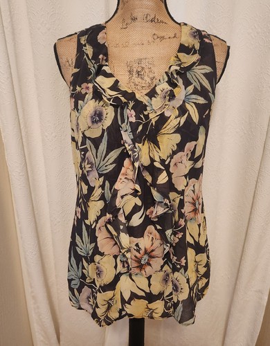 Cabi Women's S Sleeveless Floral Ruffled Chiffon Tunic Top