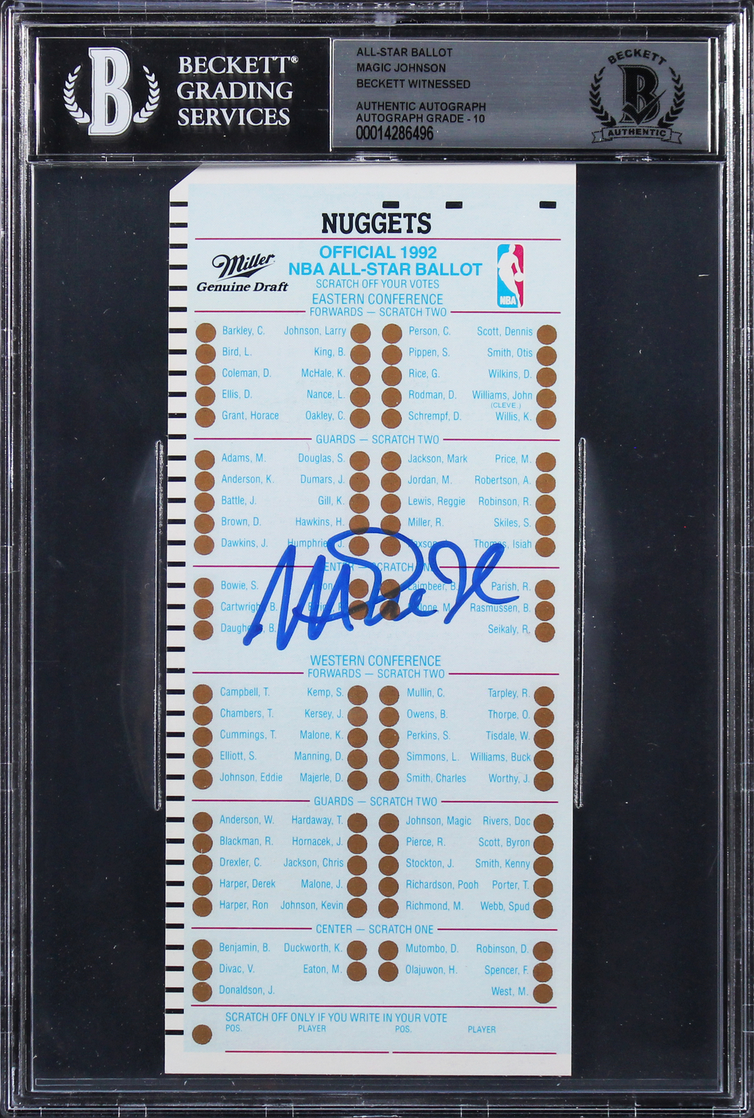 Magic Johnson Autographed Signed Lakers Authentic 1992 All-Star Ballot Auto 10 Beckett Slabbed 