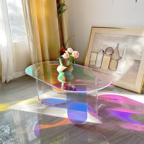 Acrylic Coffee Table Iridescent Oval Side End Table Living Room Office Reception - Picture 6 of 12