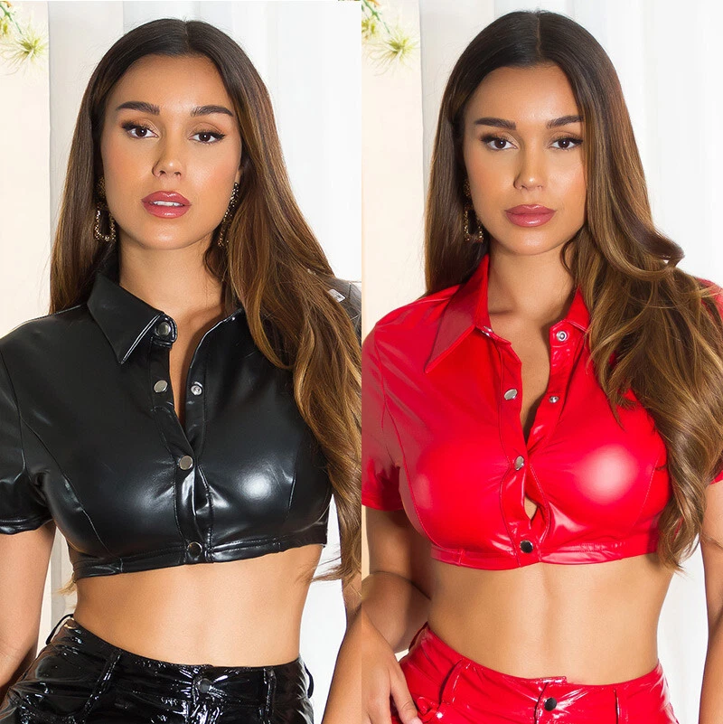 Koucla Crop Top Wet Look Leather Look Blouse Women's Short Sleeve With Buttons