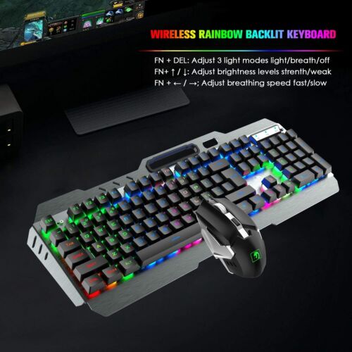Gaming Keyboard Mouse Set Wireless USB Rechargeable Rainbow LED Mechanical feel