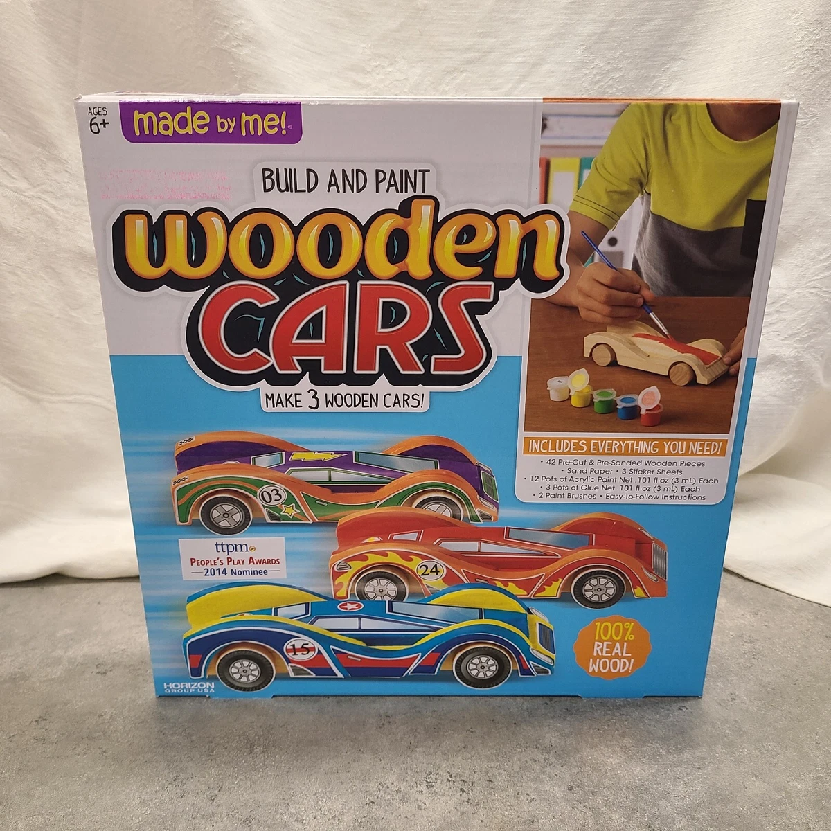 Made by Me Build & Paint Your Own Wooden Cars - DIY Wood Craft Kit Easy to Assemble and Paint 3 Race Cars – Arts and Crafts Kit for Kids Ages 6