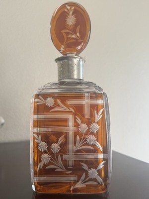 1920s Art Deco Amber Bohemian Crystal Cut Glass Carafe Decanter With Stopper