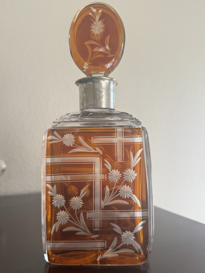 1920s Art Deco Amber Bohemian Crystal Cut Glass Carafe Decanter With Stopper