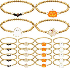 Halloween Bracelets Set, Gold Pumpkin Ghost Bat Spider, 24 Pieces, Multicolor