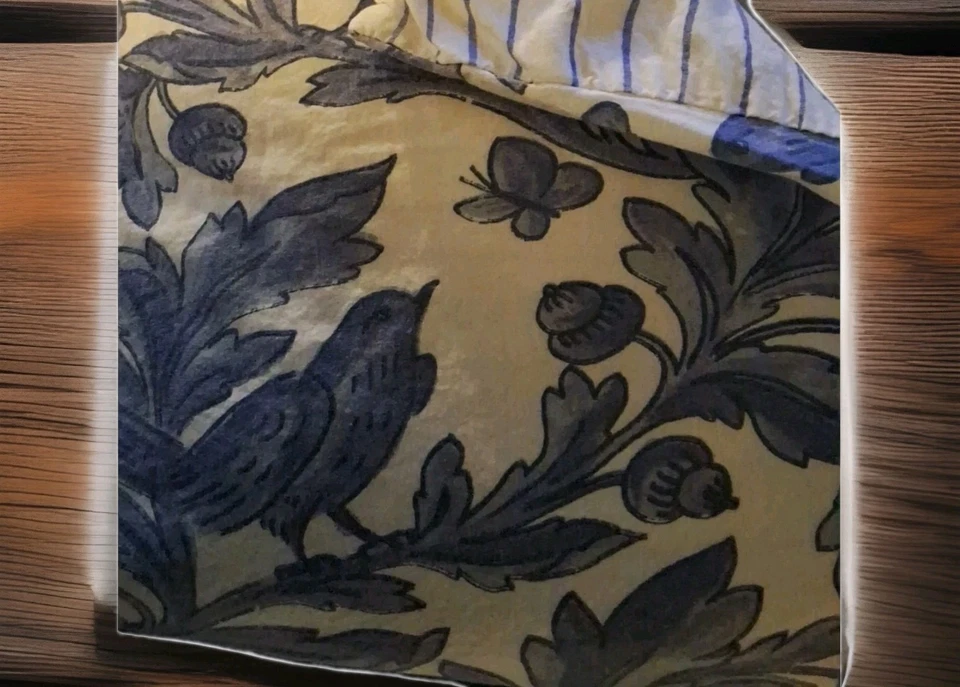 2- KING Pillowcases Jacobean Birds Butterflys & Stripe Floral Blue & White  - Image 3 of 4