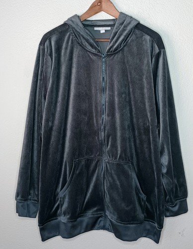 Woman Within Womens Plus Full Zip Velour Hoodie Sz 2X Gray Y2K Loungewear 26/28 - Picture 2 of 5
