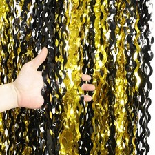 4 Pack Black, Gold Wavy Foil Fringe Curtain, 3.3x6.6ft, Party Streamers