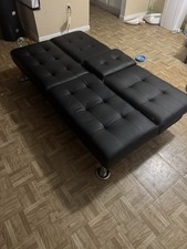 Black Faux Leather Convertible Futon Sofa Bed Modern w/ Cup Holder