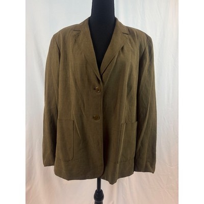 Olive Brown Silk Linen Blend Relaxed Blazer Jacket with Patch Pockets 14W