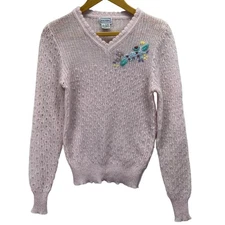 VTG 70s Andrew St John Pink Floral Hand Embroidered V Neck Knit Sweater Size L
