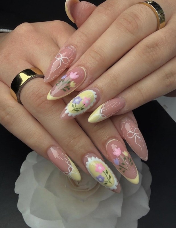 Long Almond Press-On Nails Pink Yellow Floral 3D French Full Cover Spring Design