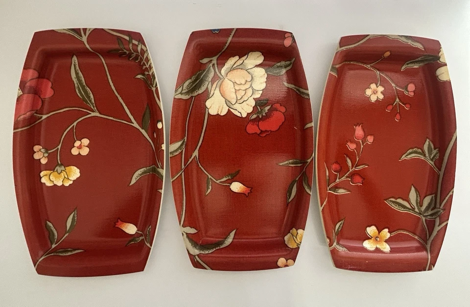 6 Deep Red Floral Plastic Match Mates Intl. Laminations Plates Boho Oriental - Image 4 of 4
