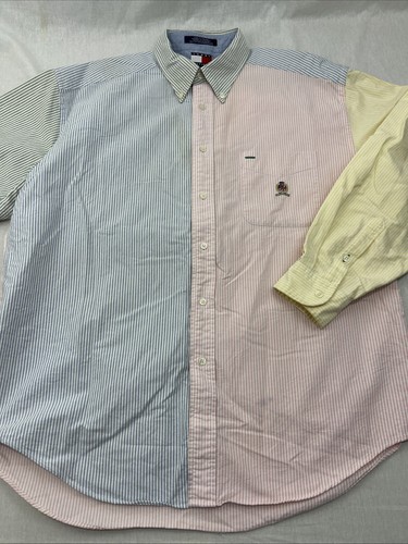 Vintage Tommy Hilfiger Striped Colorblock Patchwork Button Down Shirt L Large - Picture 2 of 7