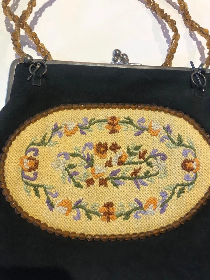 AIMEE CAPOBIANCO Needlepoint Black Suede Beaded Double Handle Purse Handbag - Image 4 of 4