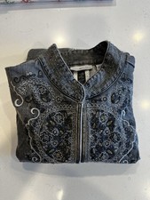 Chico's Platinum Embellished Beaded Denim Jacket Womens Sz 2 Gray Ornate