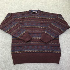 John Ashford Sweater Mens Large Red Acrylic Wool Fair Isle Crewneck Knit Italy