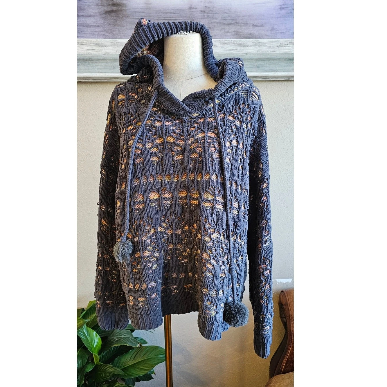 Pol Oversized Chenille Pullover Hoodie Sweater Women Size S Multi Crochet Knit