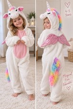 Kids Unicorn Costume 4-5T White Plush Rainbow Wings Horn Halloween Jumpsuit