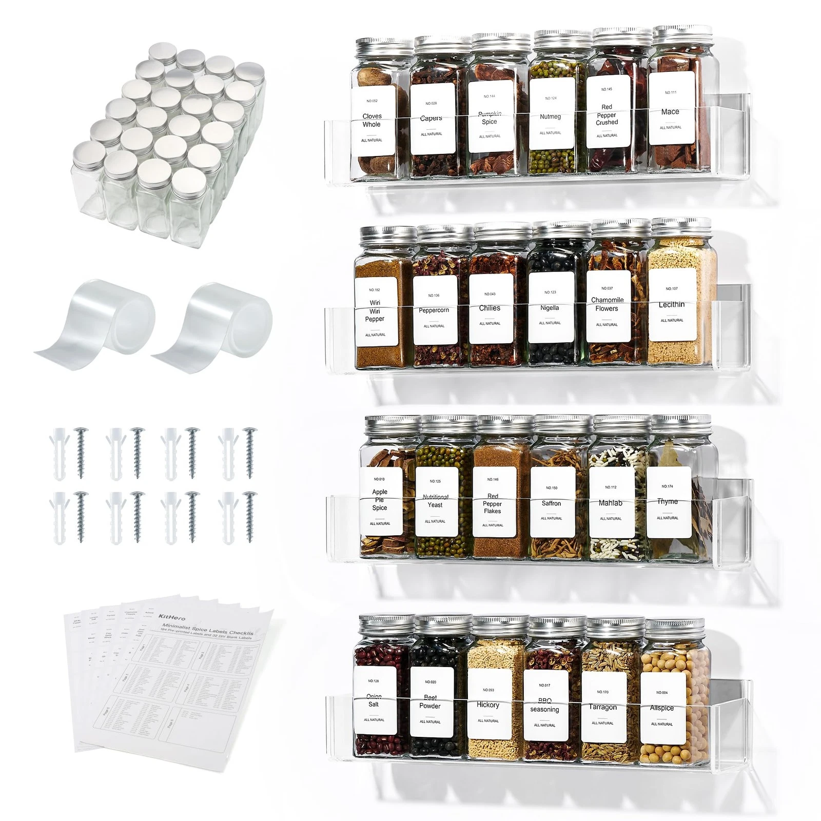 4-Tier Acrylic Wall Mount Spice Rack, Spice Organizer with 24 Glass Jars, 216...