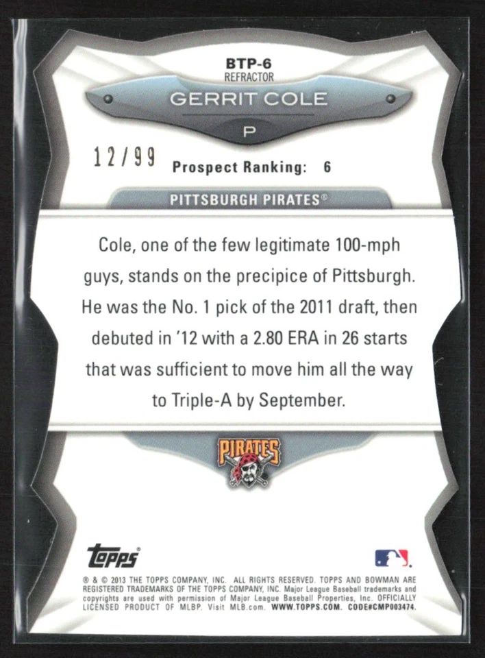 Gerrit Cole 2013 Bowman Top 100 Die Cut Refractor /99 B #BTP-6 Pittsburgh - Image 2 of 2