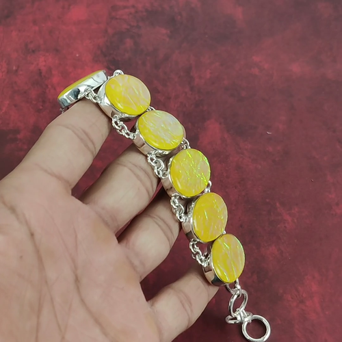 Yellow Australian Triplet Opal Gemstone Handmade 925 Silver Bracelet Jewelry - Video 1 of 1